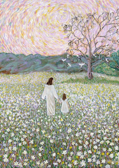 Painting Jesus and child walking through a flower field with a tree and mountains in the background.