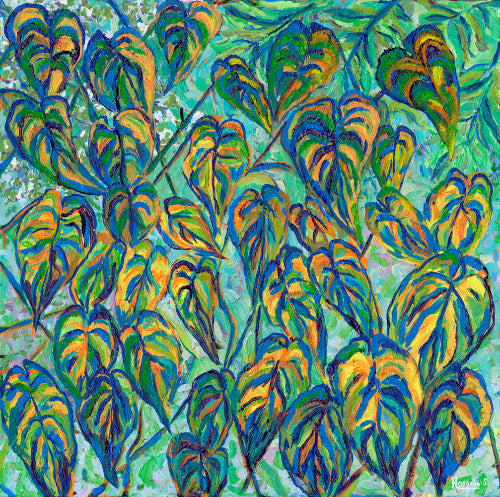 Colorful impressionist painting of leaves with blue, green, and yellow hues.
